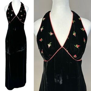 Vtg 80s 90s Black Velvet Halter Maxi Dress Floral Embroidery Whimsygoth Fairy S